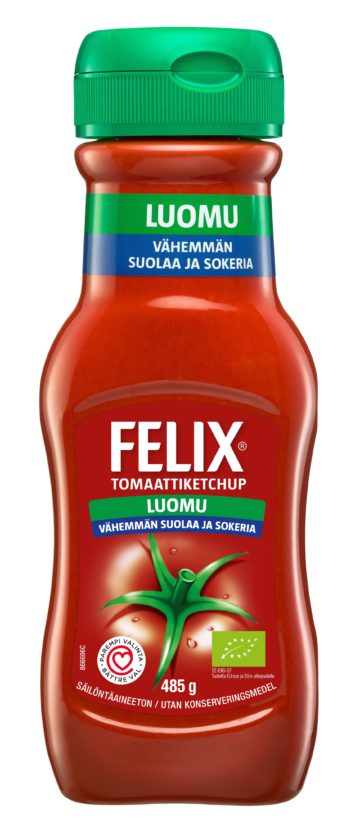 Felix 485g vähemmän suolaa ja sokeria luomu ketchup